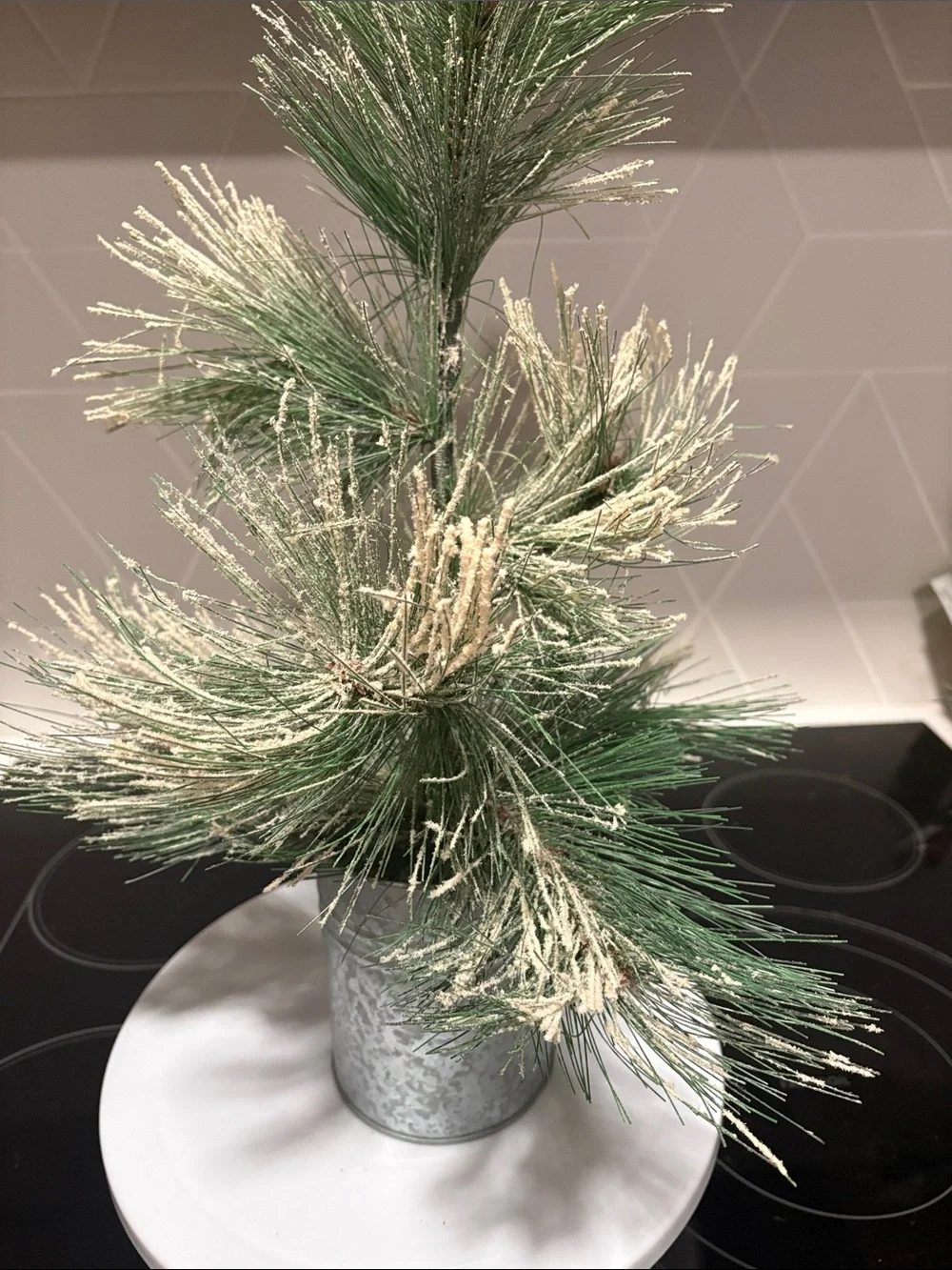 Faux Snow-Dusted Pine Spray in Silver Pot - Green/White 18” high target. 2019
